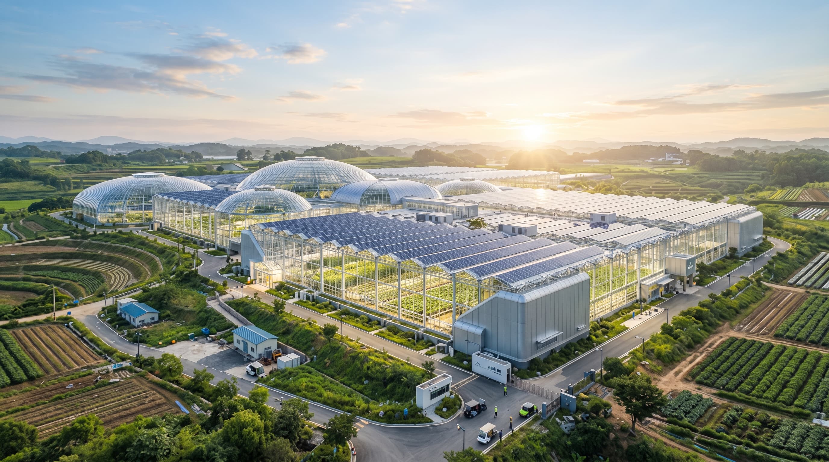 Solar-powered greenhouse facility at sunrise