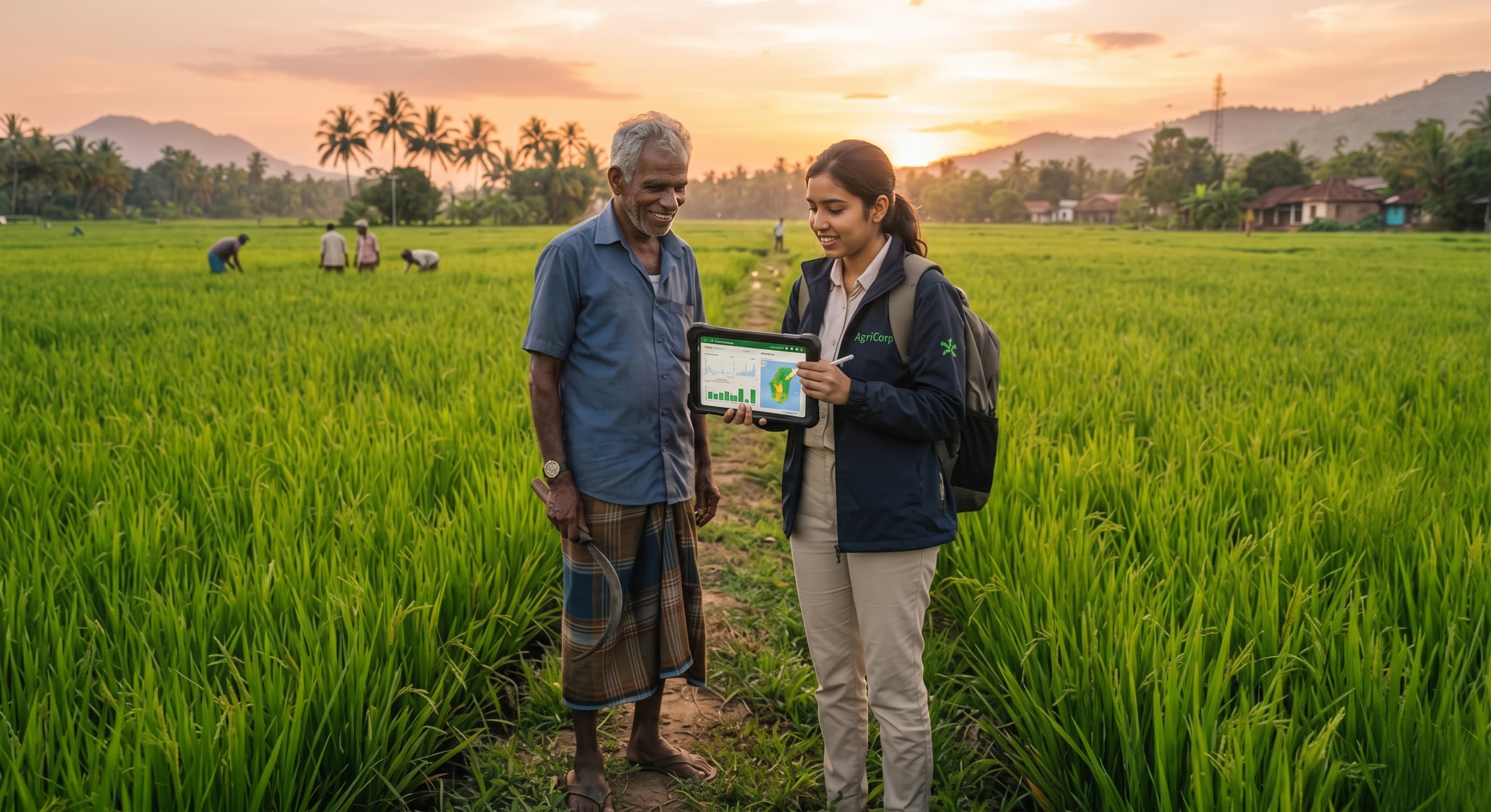 Atone agent and farmer reviewing data in a paddy field
