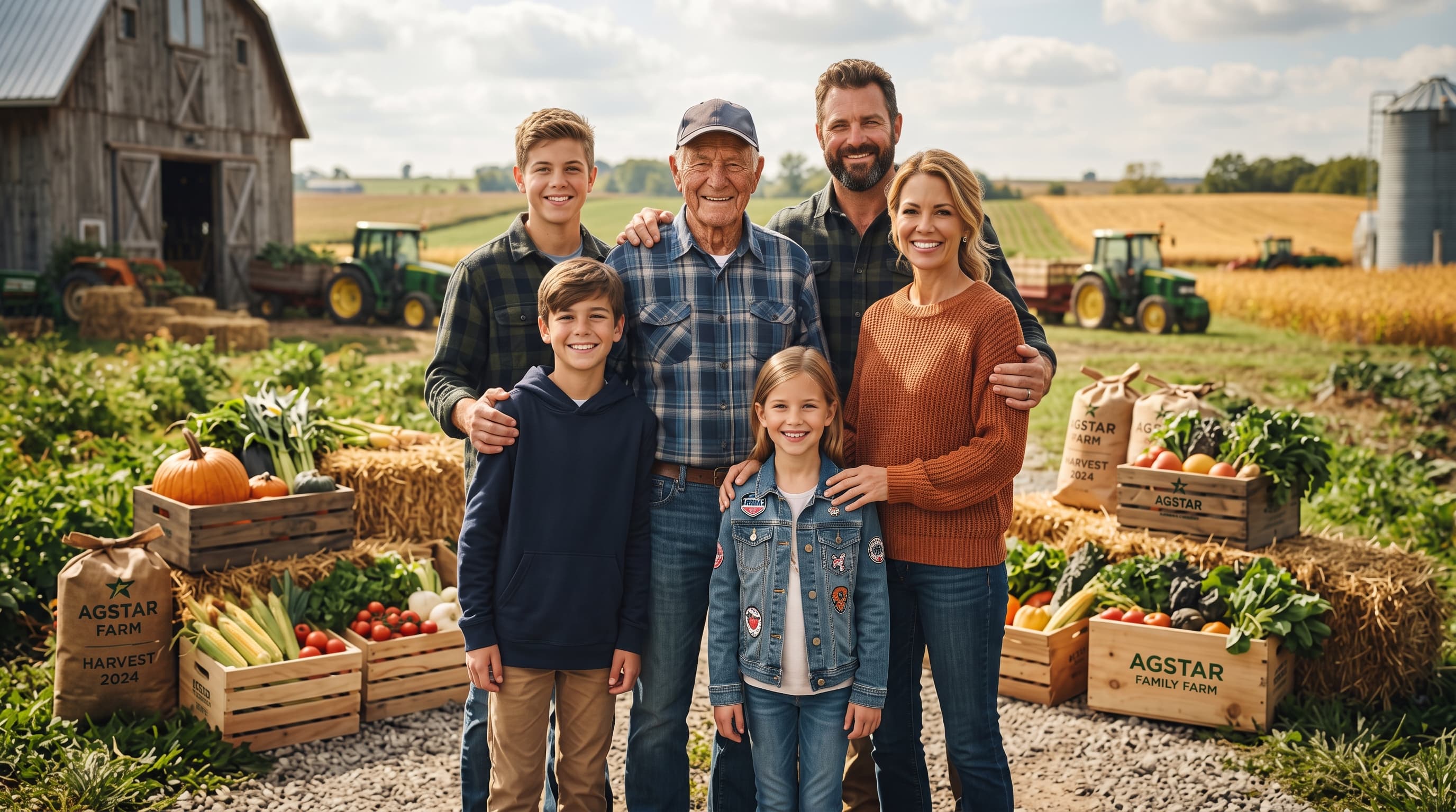 Farming family with crates of fresh harvest