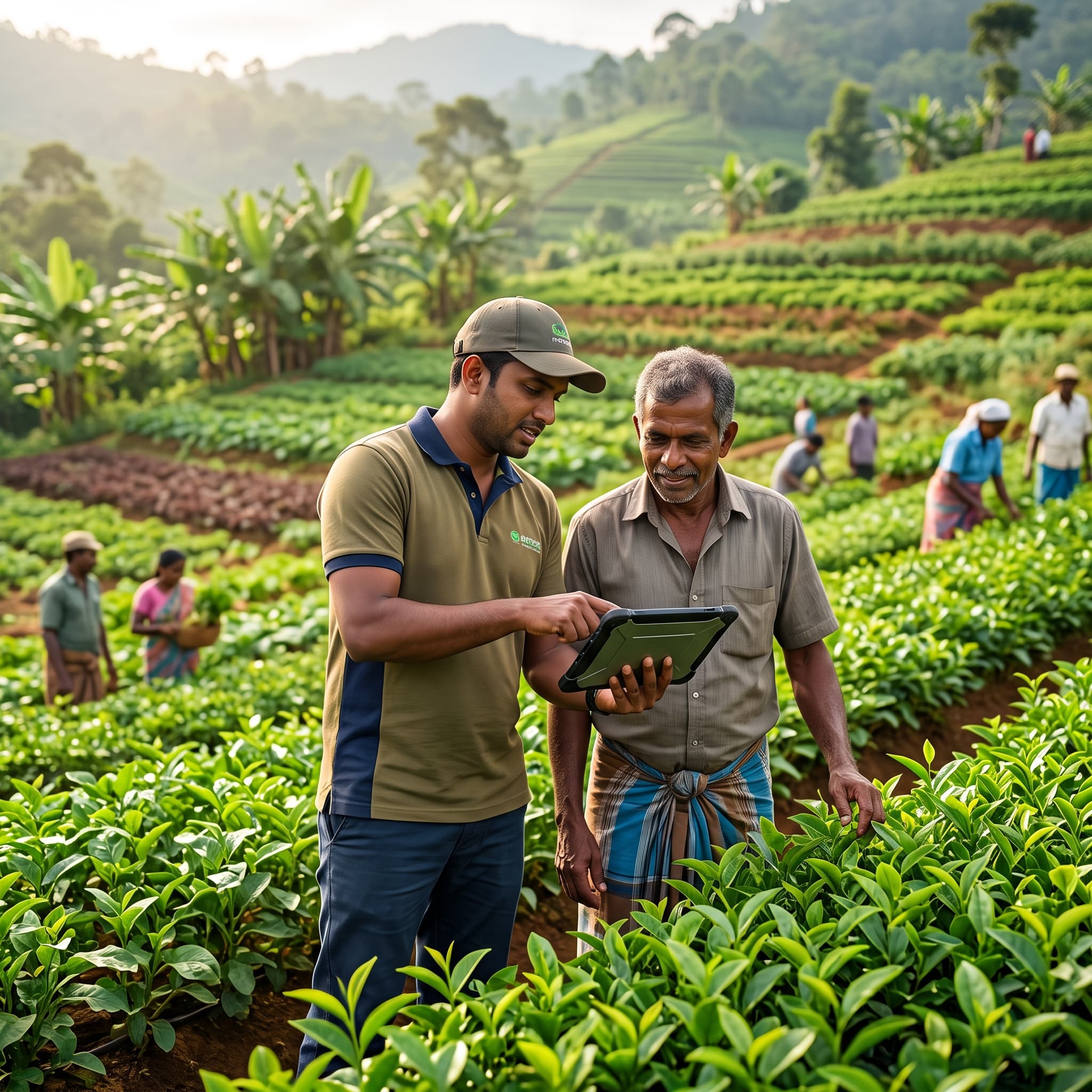 Atone agents with farmers on a hillside tea estate