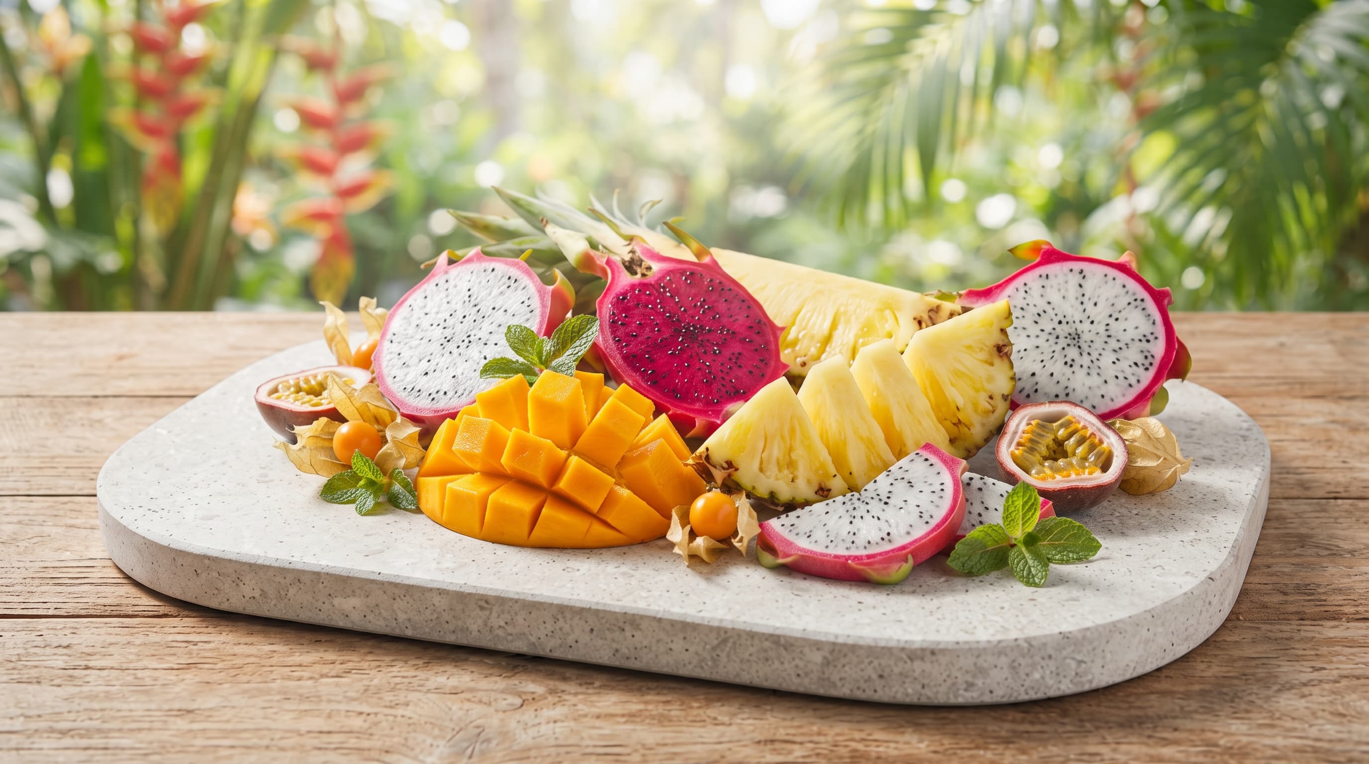 Mango, pineapple and dragon fruit on a stone platter